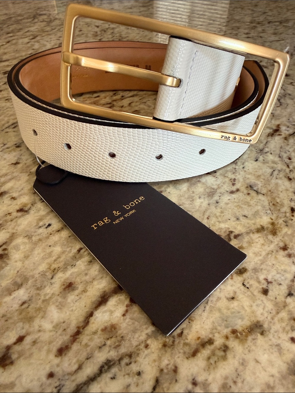 rag & bone Rebound Leather Belt Antique White Rectangular Gold Tone Buckle SZ M